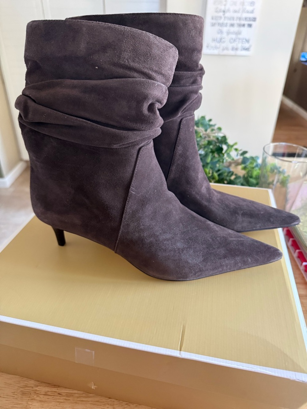 Michael Kors Dark Brown Suede Slouch Pointed-Toe Kitten Heel Boots
